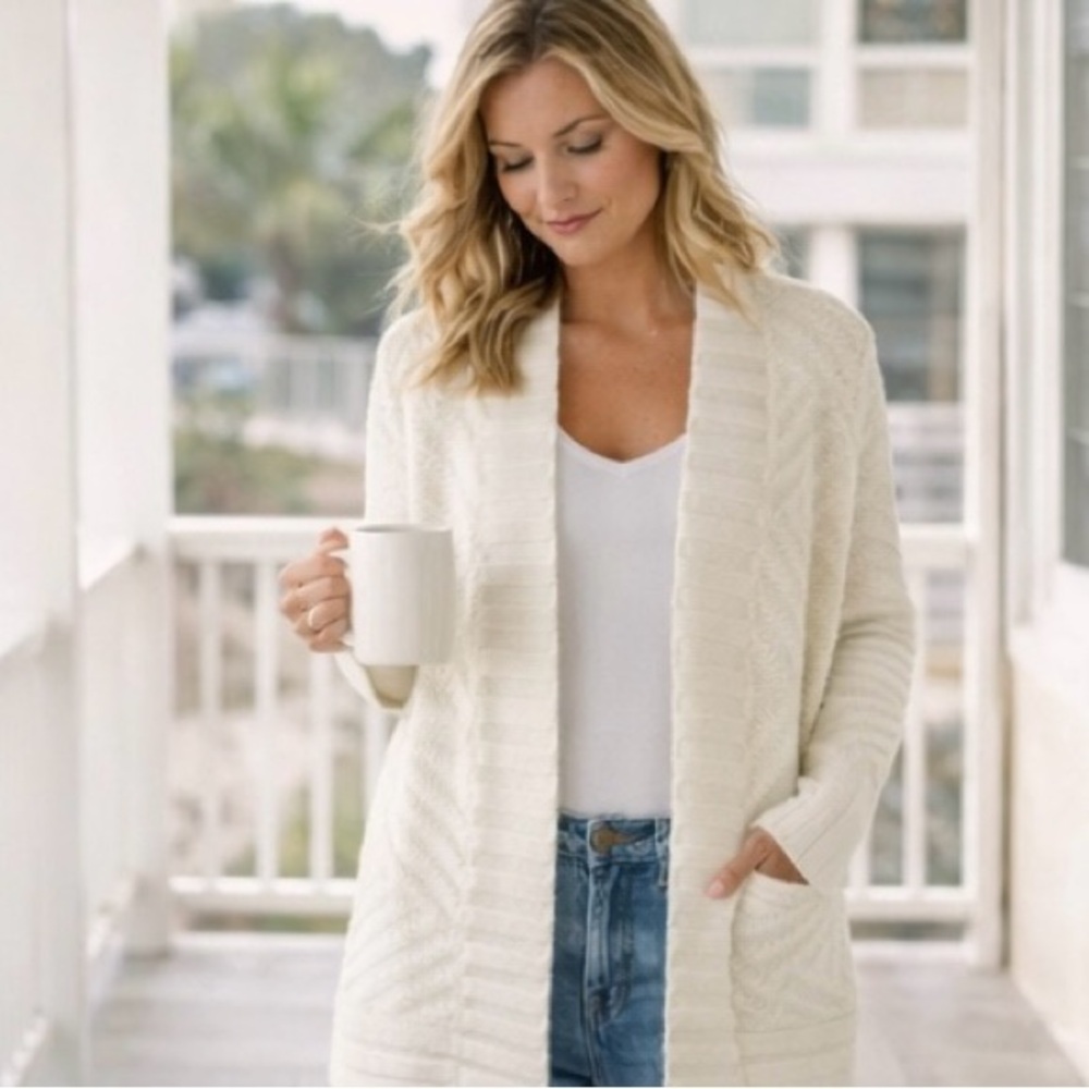 Chico’s Cream Longline Cardigan Duster | Open Front Knit Sweater XS/S